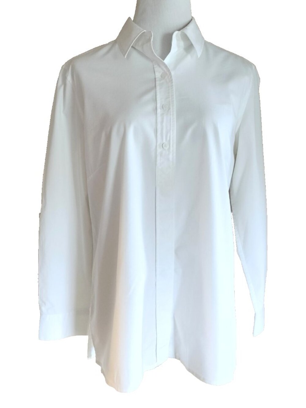 Chico's Button Front Tunic Blouse 2 Lg White Long Roll Tab Slv Side Slits - Picture 2 of 8